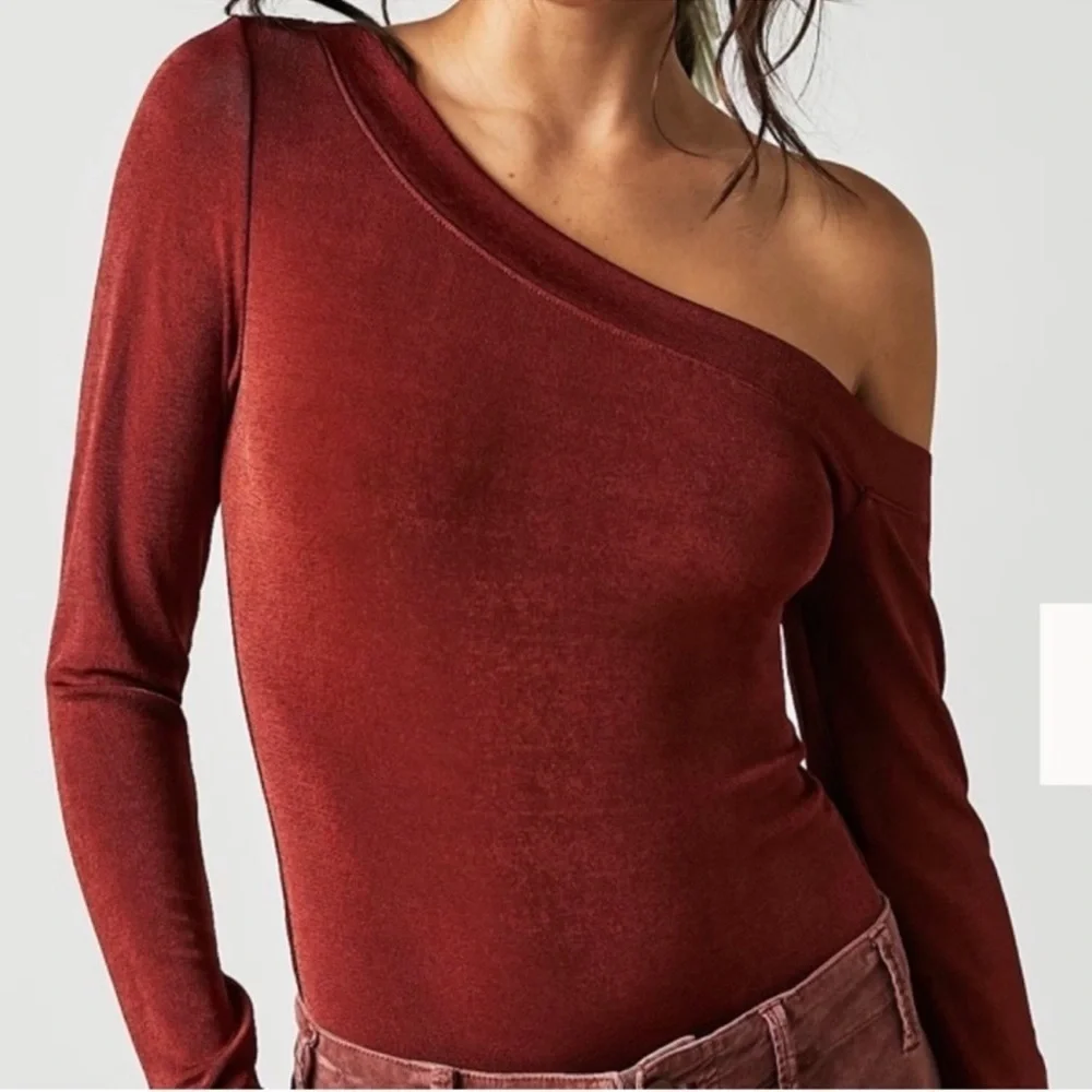 Free People Cherry Chai One-Shoulder Maroon Bodysuit